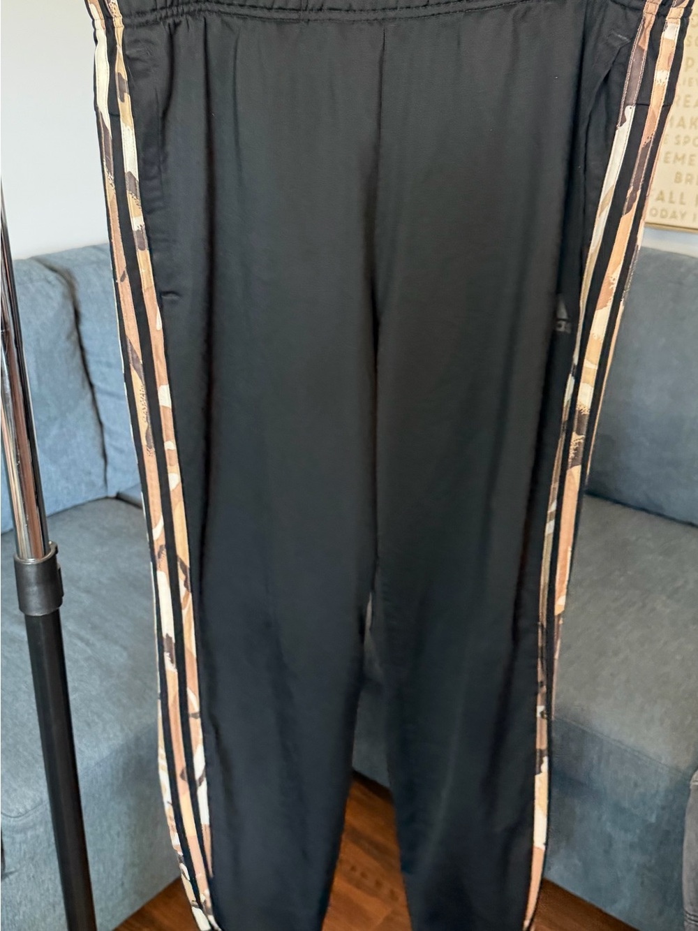 adidas Black Track Pants with Beige & Brown Side Stripes